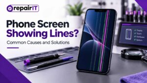 Phone screen showing green and pink lines with Repair IT branding, illustrating common causes and solutions for phone display problems.