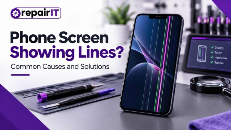 Phone screen showing green and pink lines with Repair IT branding, illustrating common causes and solutions for phone display problems.